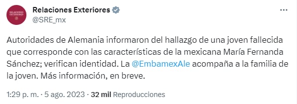 La Secretaría de Relaciones Exteriores confirmó que el cuerpo encontrado corresponde al de la nacida en Querétaro

Foto: Captura de pantalla, Twitter/SRE