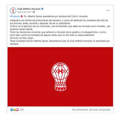 Desde las redes sociales de Huracán despidieron a Alberto Spota con un sentido mensaje