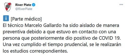 El parte médico de Marcelo Gallardo que difundió River 