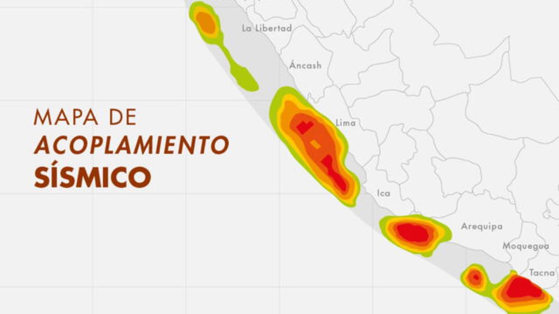 Este mapa muestra las zonas de energía acumulada frente a la costa peruana, donde chocan las placas de Nazca y Sudamericana.