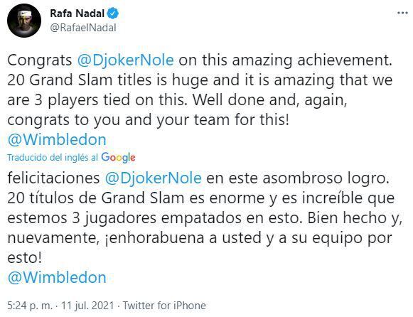 tuits Federer y Nadal para Djokovic