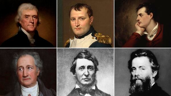 Algunos de los admiradores de Macpherson. Arriba, de izq a der.: Thomas Jefferson, Napoleón y Byron. Abajo: Goethe, Thoreau y Melville