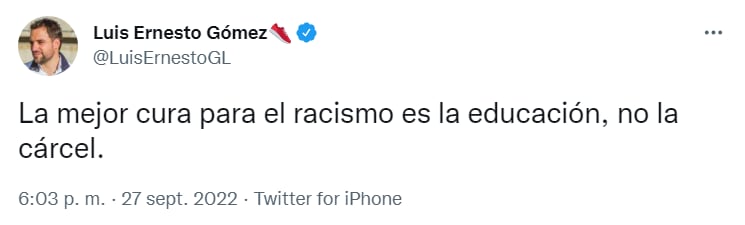 Luis Ernesto Gómez se pronuncia ante los últimos actos de racismo en contra de la vicepresidenta.