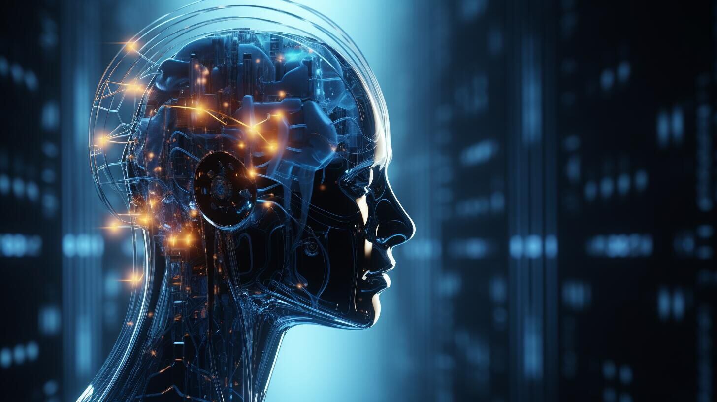 Perfil lateral de una cabeza humana con cráneo transparente y red de líneas y puntos naranjas brillantes, simbolizando la interconexión cerebral y la inteligencia artificial. Una fusión artística de ciencia y futuro. (Imagen ilustrativa Infobae)