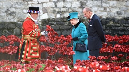  16 de octubre de 2014. La reina Isabel II y el príncipe Felipe ven la instalación de amapolas "Blood Swept Lands and Seas of Red"
