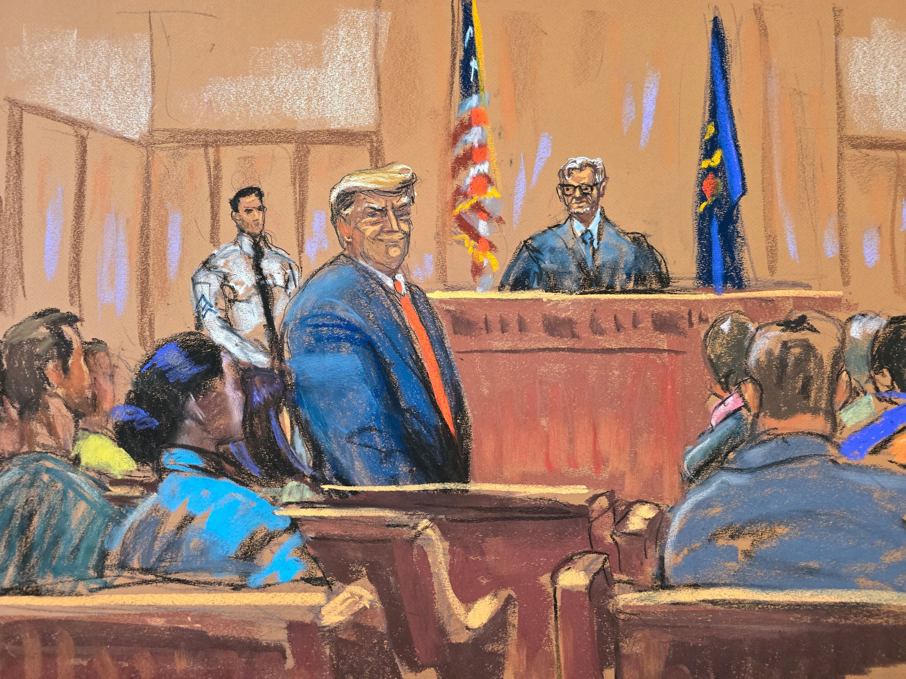 El ex presidente de Estados Unidos Donald Trump sonríe al grupo de jurados mientras es presentado ante ellos, al inicio de su juicio (REUTERS/Jane Rosenberg)
