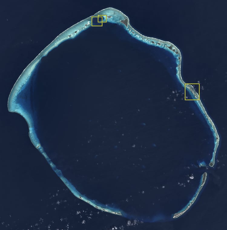 La visión completa del Atolón marca la isla Runit, donde está la famosa Cúpula (Foto: Reuters)