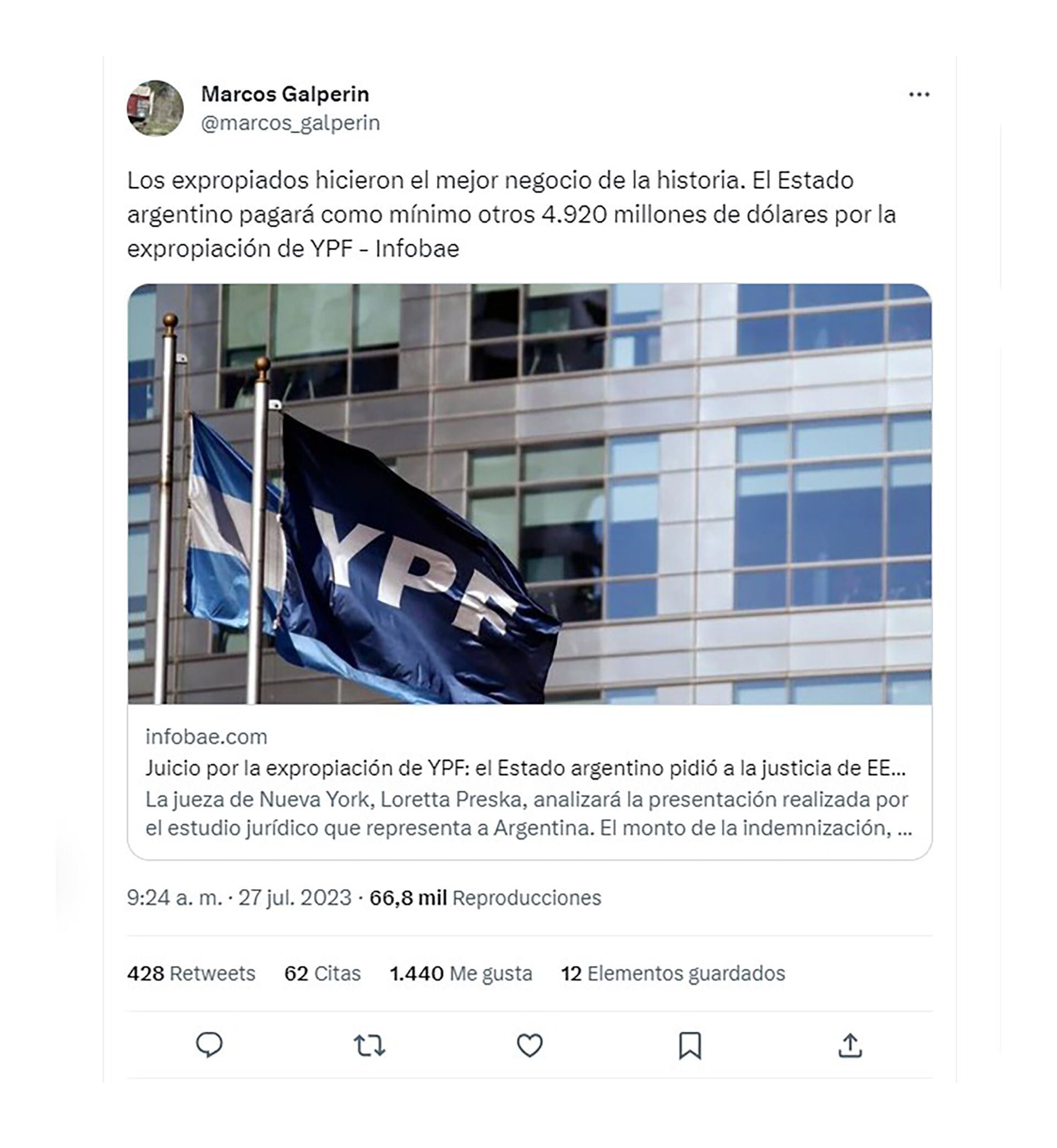 El picante tuit de Galperín sobre el juicio por YPF