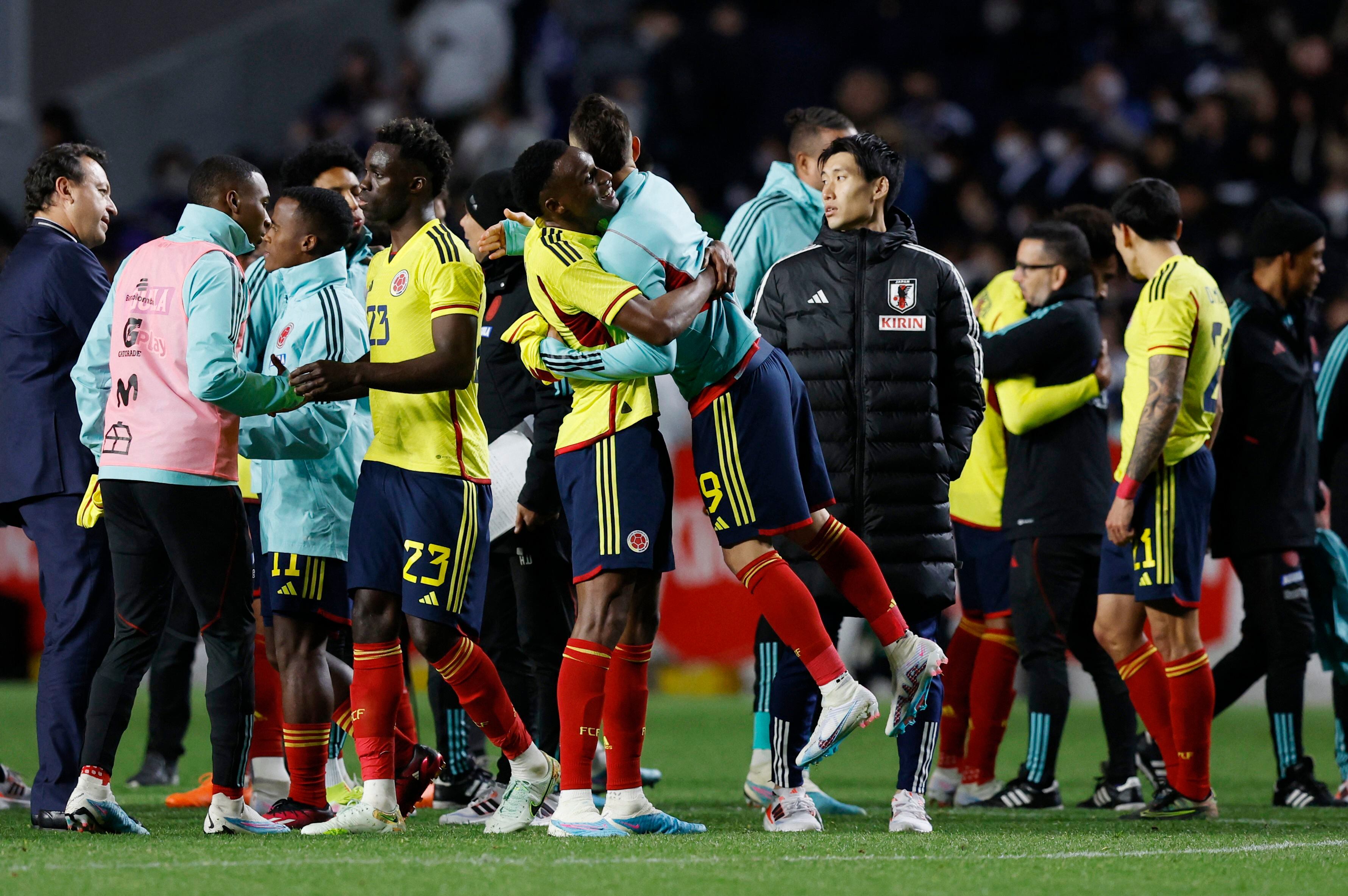 Soccer Football - International Friendly - Japan v Colombia - Yodoko Sakura Stadium, Osaka, Japan - March 28, 2023 Colombia players celebrate after winning the match REUTERS/Issei Kato