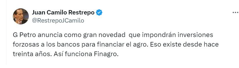 Juan Camilo Restrepo, exministro de Hacienda, aseguró que lo que propone Petro es viejo - crédito @RestrepoJCamilo/X