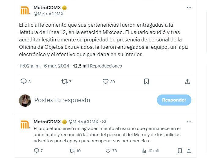 Metro CDMX agradece a usuario que regresó laptop extraviada en la Línea 12