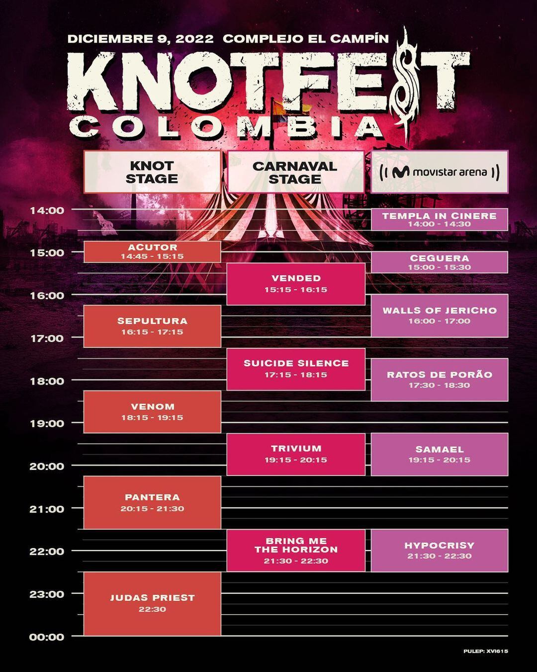 Horarios y distribución de las bandas que formarán parte del Knotfest Colombia. Judas Priest será la banda encargada de cerrar el evento