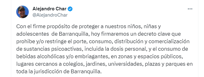 Char anuncia decreto para restringir consumo de drogas en espacios públicos en Barranquilla - crédito @AlejandroChar/x