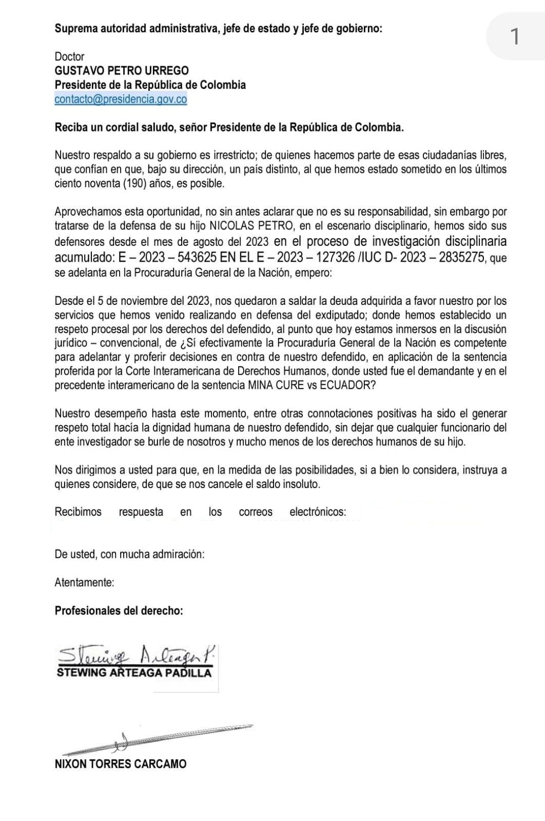 Carta que enviaron a Gustavo Petro cobrándole servicios de abogado a Nicolás Petro