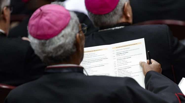 Un obispo lee el programa del dÃ­a (Photo by GIUSEPPE LAMI / POOL / AFP)