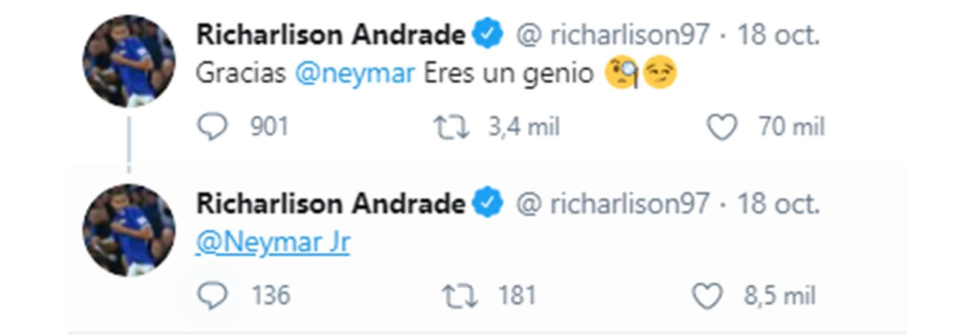 El celular de Richarlison "explotó" por un error de Neymar (Twitter)