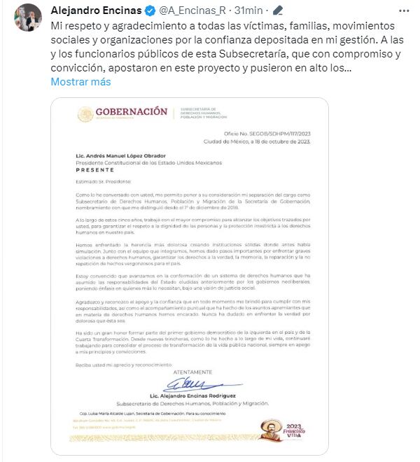 Alejandro Encinas presenta su renuncia a la subsecretario de Derechos Humanos, Población y Migración de la Secretaría de Gobernación (Captura de Pantalla)