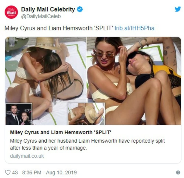 Varias fotografías captadas por paparazzi mostraron a Miley Cyrus en actitud cariñosa con la bloguera Kaitlynn Carter (Foto: Daily Mail)