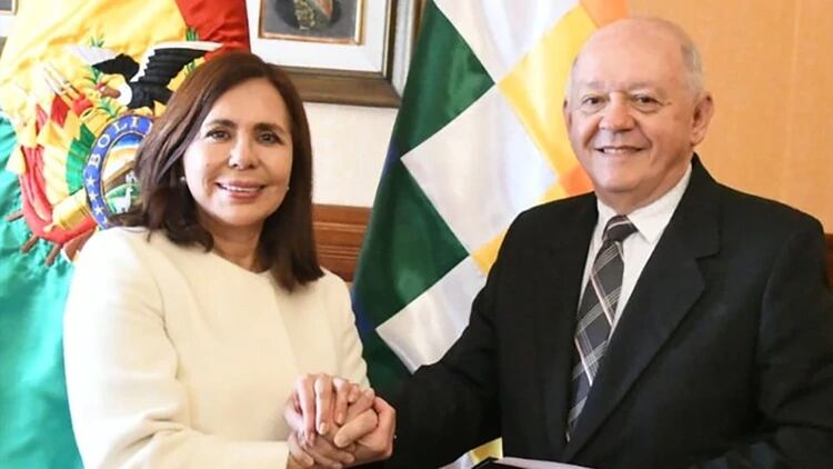 La canciller interina de Bolivia, Karen Longaric, con el embajador en Estados Unidos, Walter Oscar Serrate Cuellar