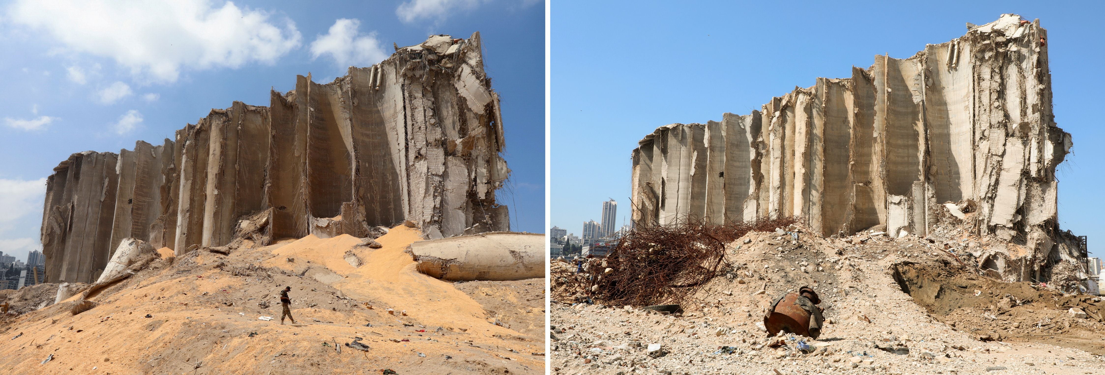 Una imagen combinada muestra el silo de granos que resultó dañado durante la explosión del 4 de agosto en el puerto de Beirut, filmado el 7 de agosto de 2020 y la misma área después de casi un año desde la explosión, Líbano el 13 de julio de 2021. REUTERS / Mohamed Azakir
