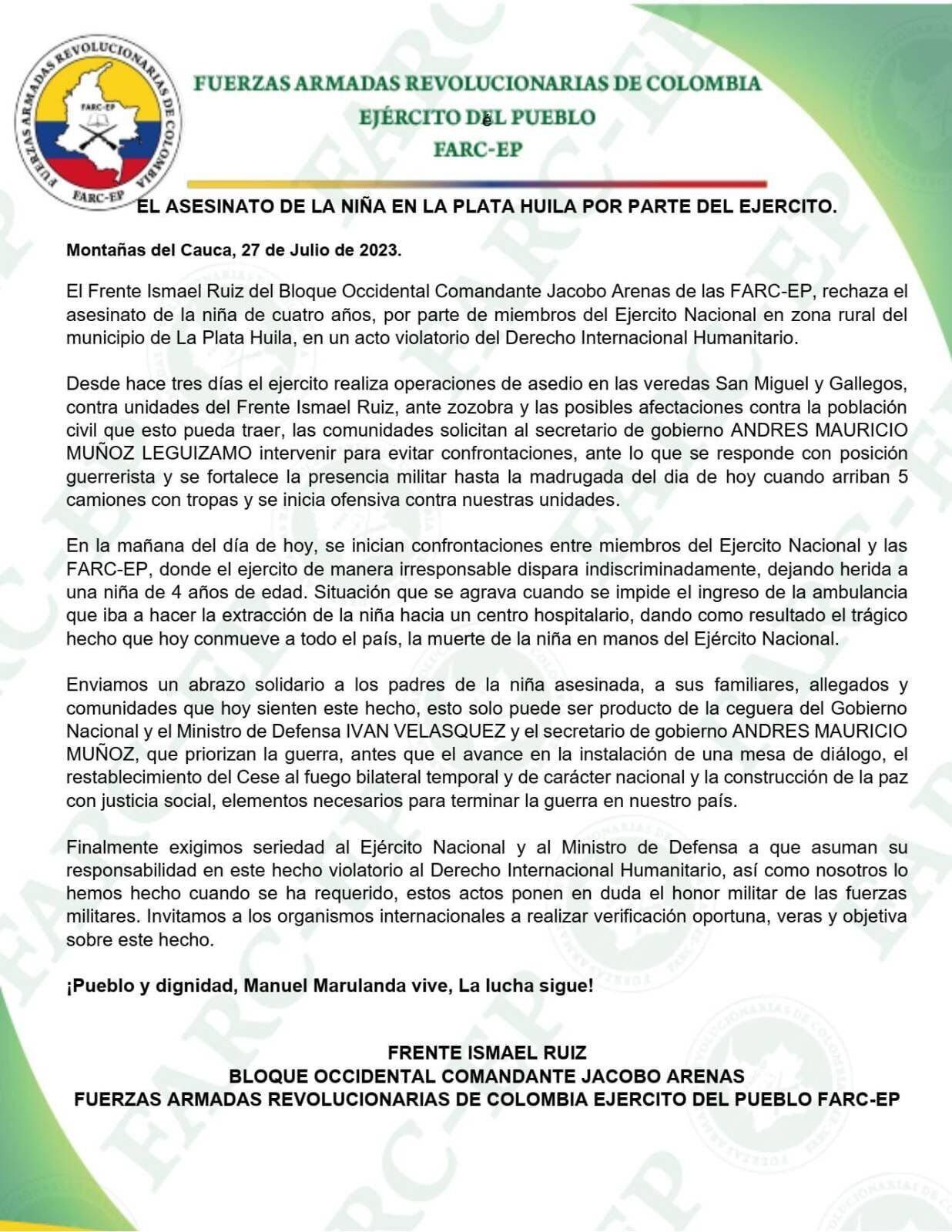 Este es el comunicado íntegro del Estado Mayor Central de las disidencias de las Farc, en las que negaron su responsabilidad en la muerte de la menor de cuatro años en La Plata (Huila).