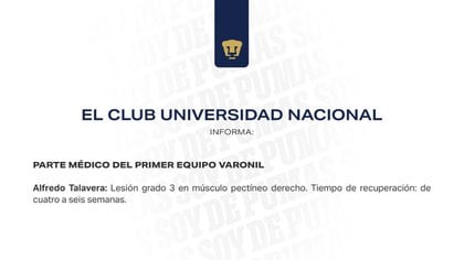Comunicado de los Pumas sobre lesión de Alfredo Talavera (Foto: Club Universidad Nacional)