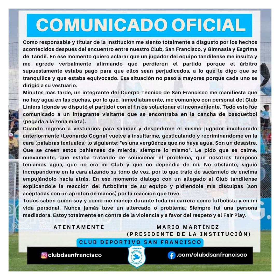 El comunicado con el que Mario Martínez realizó su descargo