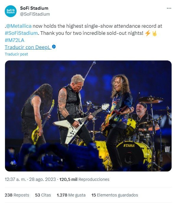 El SoFi Stadium reconoció el logro de Metallica de ingresar a 78 mil fanáticos cada una de las noches (Foto: Twitter/SoFi Stadium)