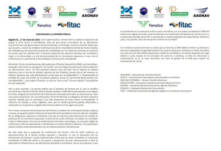 Siete asociaciones de comercio exterior y logística emitieron un comunicado conjunto en protesta contra la propuesta de reforma aduanera- crédito @mclacouture/X