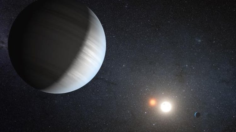 Una ilustración de Kepler-47, un exoplaneta que, como DS Tuc Ab, orbita, dos soles. (Crédito de la imagen: NASA / JPL-Caltech / T. Pyle)