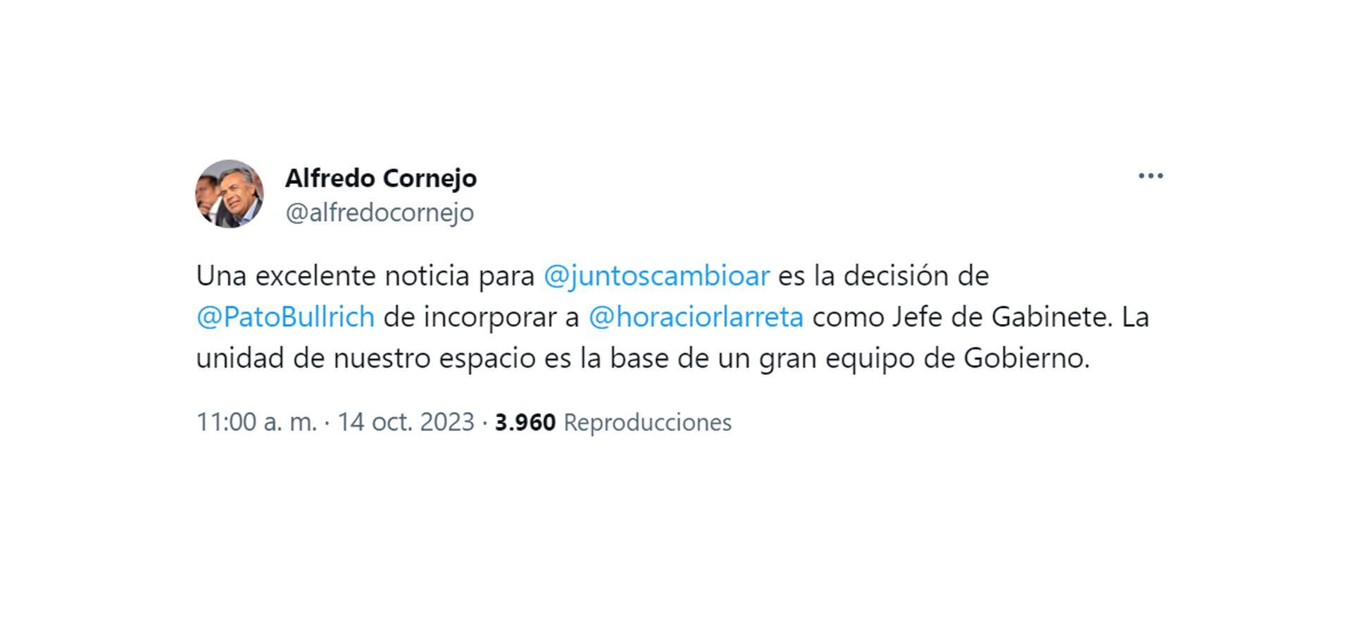 El mensaje de apoyo de Alfredo Cornejo, gobernador electo de Mendoza