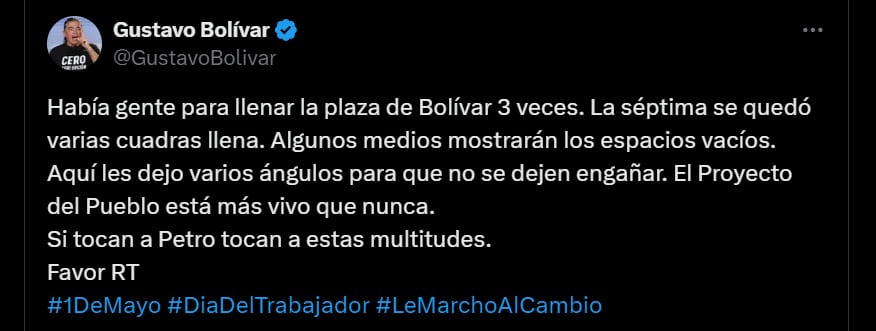 Gustavo Bolívar se refirió a la cantidad de marchantes que salieron a las calles - crédito @GustavoBolivar/X
