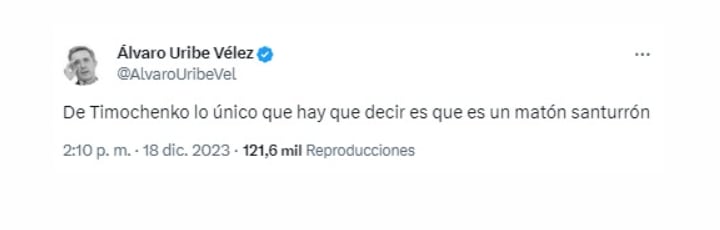 Álvaro Uribe Vélez se defiende de acusaciones y acusa de "matón" a Timochenko - crédito @AlvaroUribeVel/X