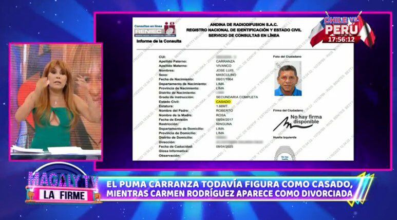 El Puma Carranza todavía figura como casado en el RENIEC. (Captura: Magaly TV La Firme)