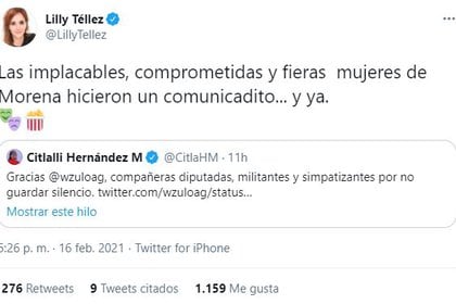 Con este tuit, Téllez criticó el comunicado de las militantes y simpatizantes de la 4T (Foto: Twitter@/LillyTellez)