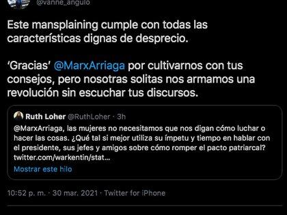 Internautas destacaron que el  mensaje de Arriaga era mansplaining(Foto: Captura de pantalla/ Twitter @vanne_angulo)