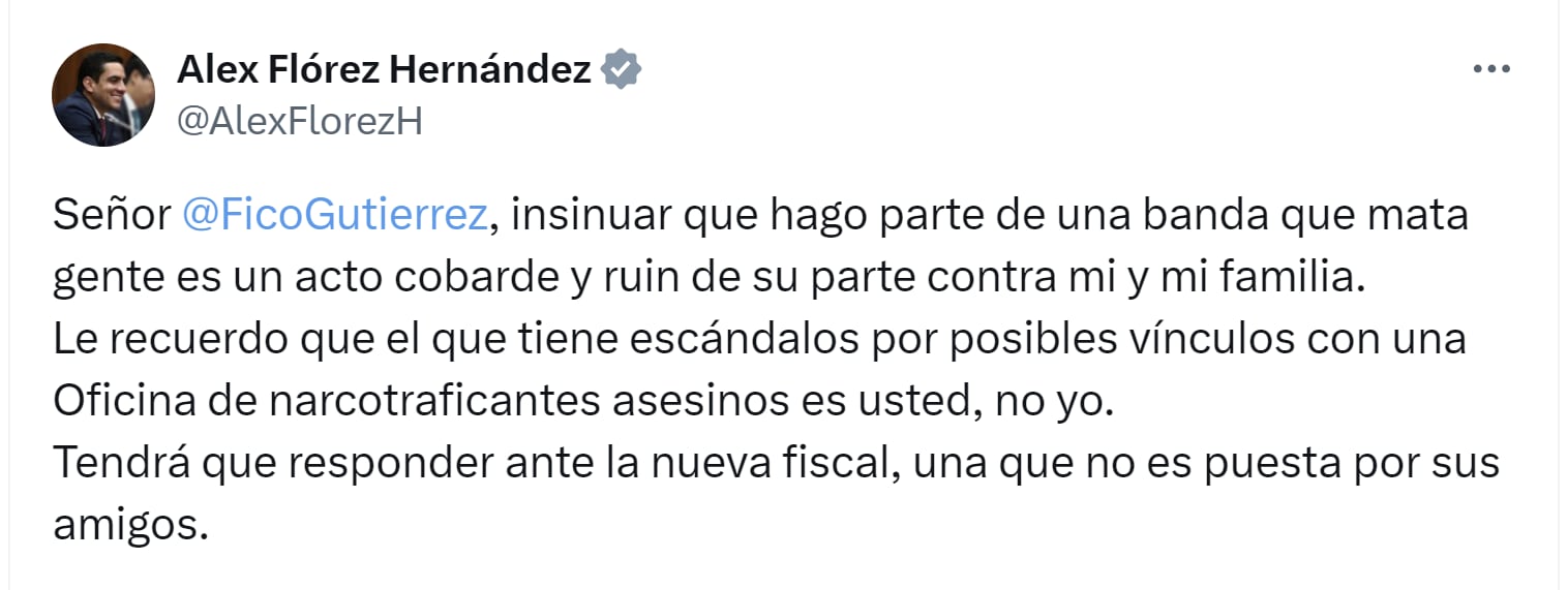 El senador Alex Flórez señaló que el alcalde Fico Gutiérrez lo vinculó con una banda que mata personas - crédito X