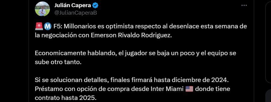 Millonarios y Emerson Rodríguez habrían llegado a un acuerdo salarial para la firma de contrato - crédito @JulianCaperaB/X