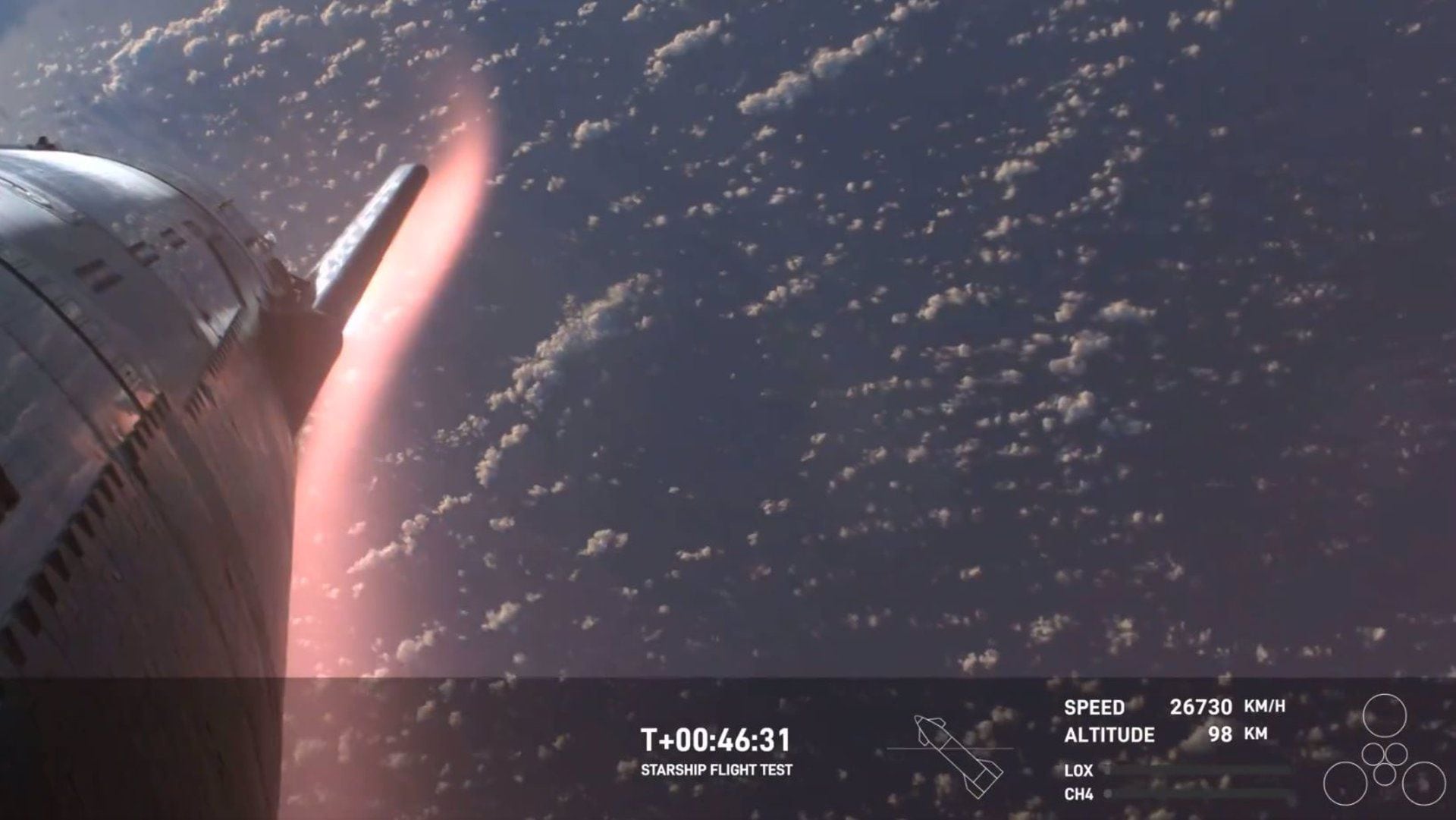 Nave Starship durante su reingreso en la atmósfera terrestre tras 50 minutos de vuelo (SPACE X) 