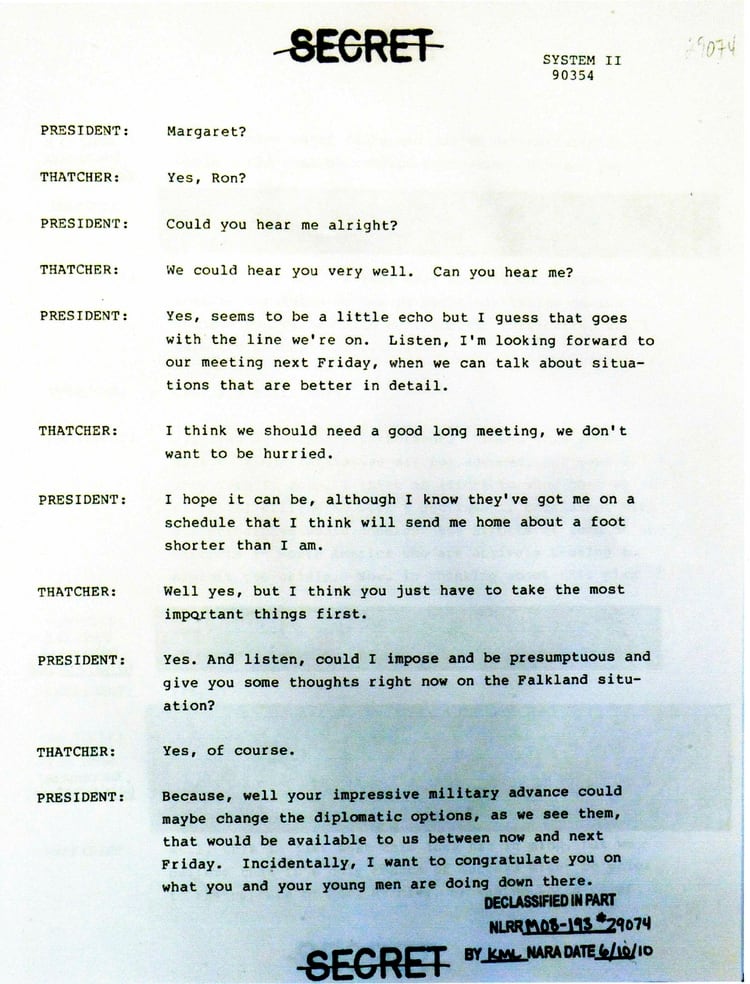 Párrafo de la conversación entre Ronald Reagan y Margaret Thatcher