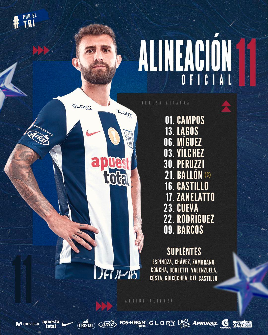 Alianza Lima starting team against Academia Cantolao for the Closing Tournament.