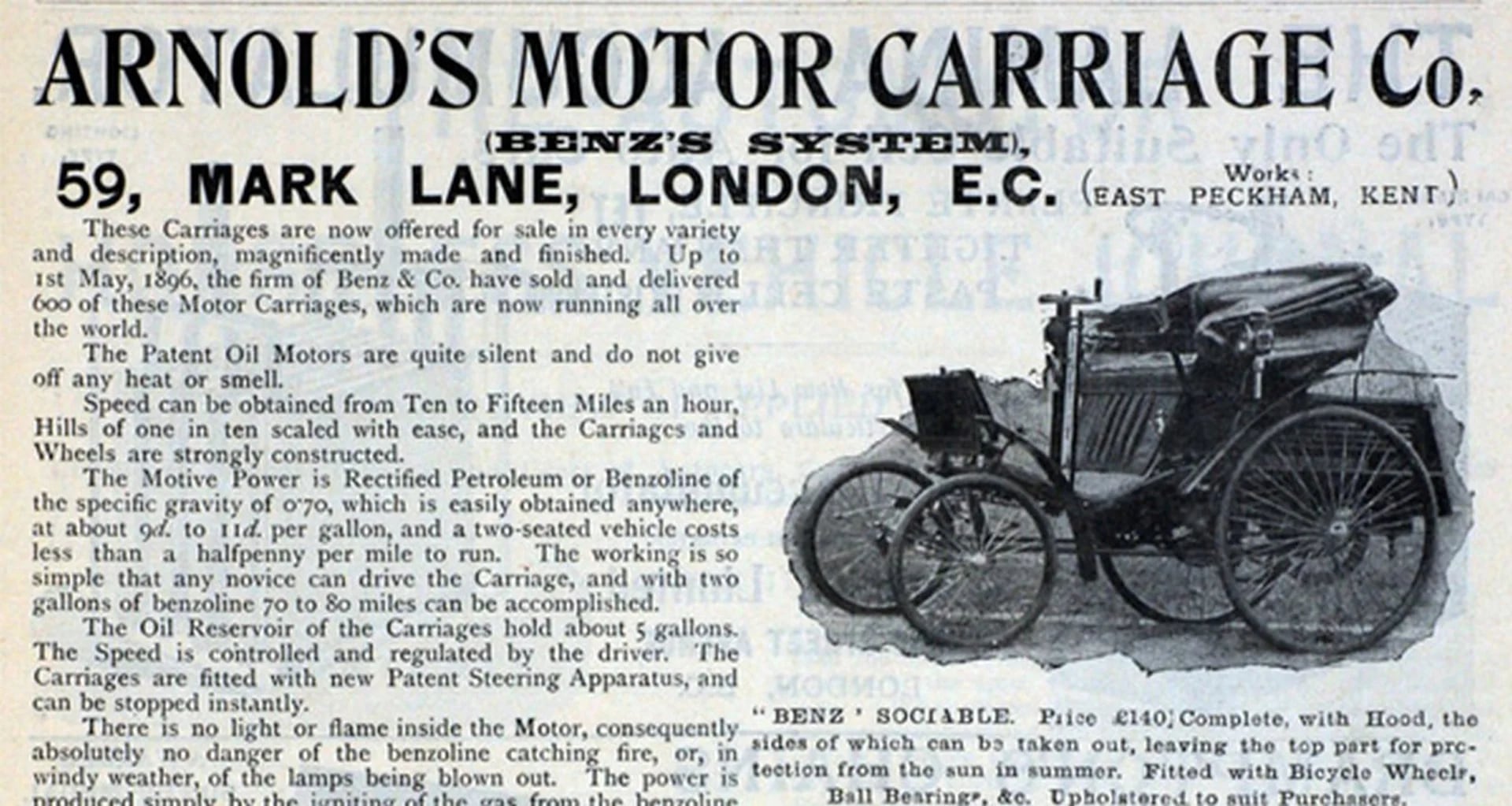 La compañía Arnold Motor Carriage importaba los vehículos fabricados por Karl Benz desde Alemania