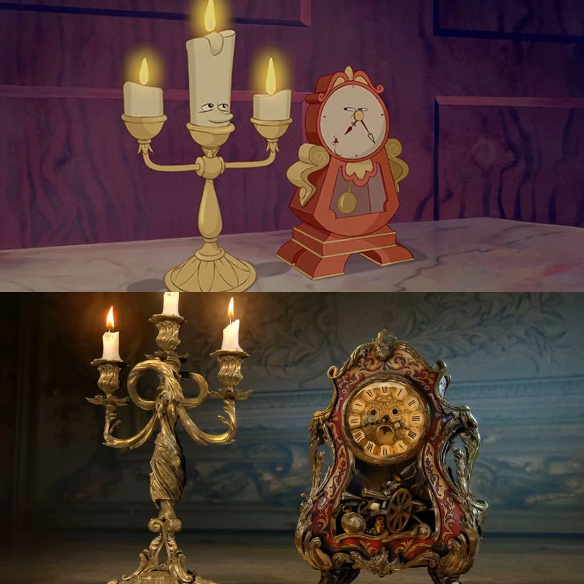 Los personajes de Lumière y Cogsworth, en la versión original y en la nueva entrega.