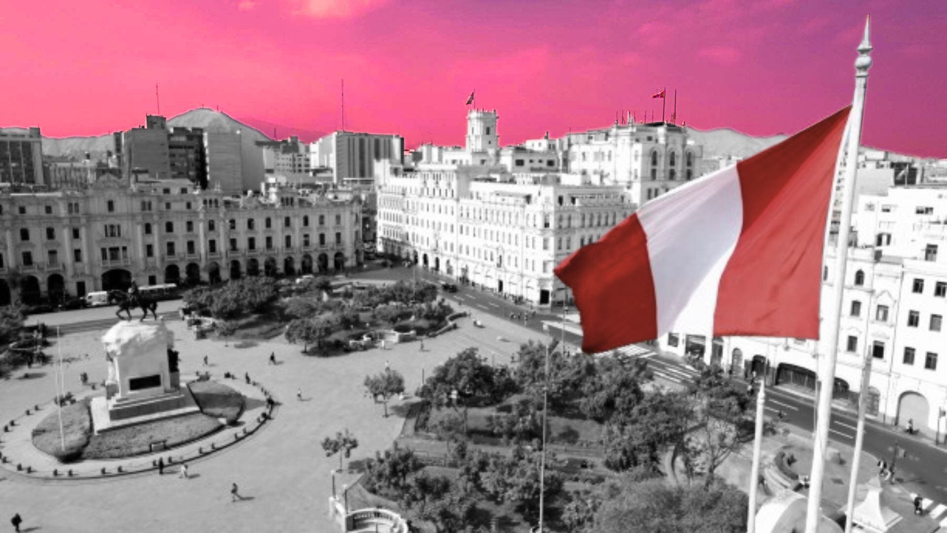 Entidad del Perú en blanco y negro, con bandera del Perú, y el cielo rojo apocalíptico