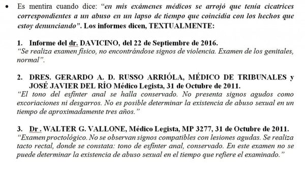 En la carta que el sacerdote Pacheco envió a Infobae, se resaltan unos presuntos extractos de informes médicos que desmienten al joven denunciante