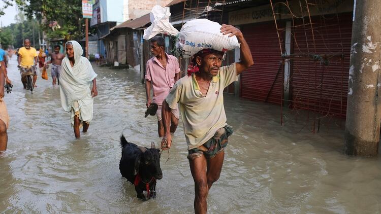 Hombres y mujeres transportan mecadería por las calles inundadas del norte de Bangladesh (Photo by REHMAN ASAD / AFP)