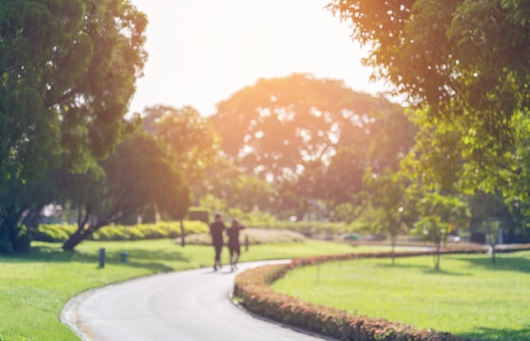 Blurry focus scene of couple walking on the path inside public park with soft orange sunlight in morning.