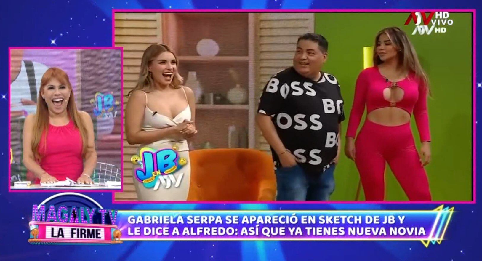 Gabriela Serpa appeared in JB's sketch on ATV with Alfredo Benavides and Fiorella Retiz.  (Capture: Magaly TV La Firme)