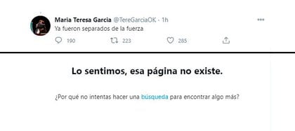 María Teresa García tuiteó que los uniformados habían sido separados de la fuerza, pero más tarde borró la publicación