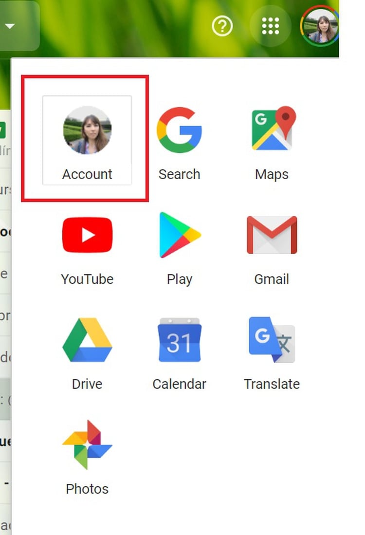 Una vez dentro de Gmail hay que ingresar en la opción Cuenta, presionando el ícono punteado en el margen superior derecho.